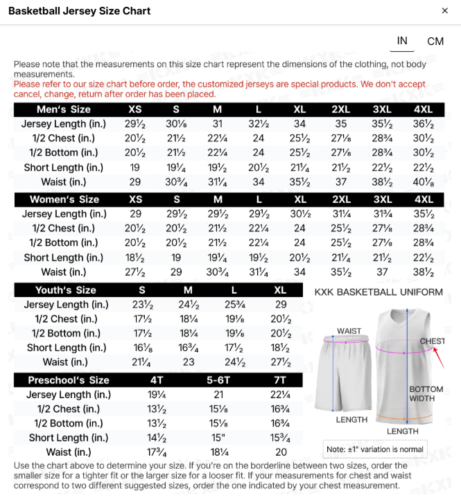 Basketball jersey size chart with men's, women's, youth and preschool measurements in inches